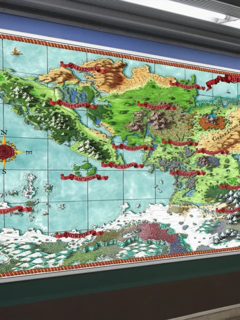 Top-down world map with seas and coastlines