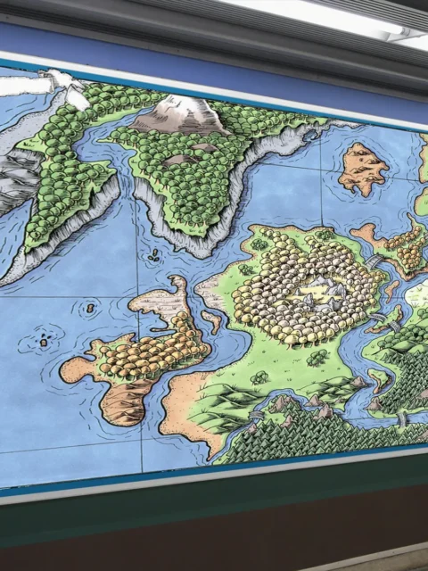 Top-down fantasy terrain with bridges and waterways