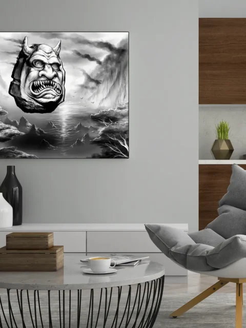 Monochrome illustration of floating stone head