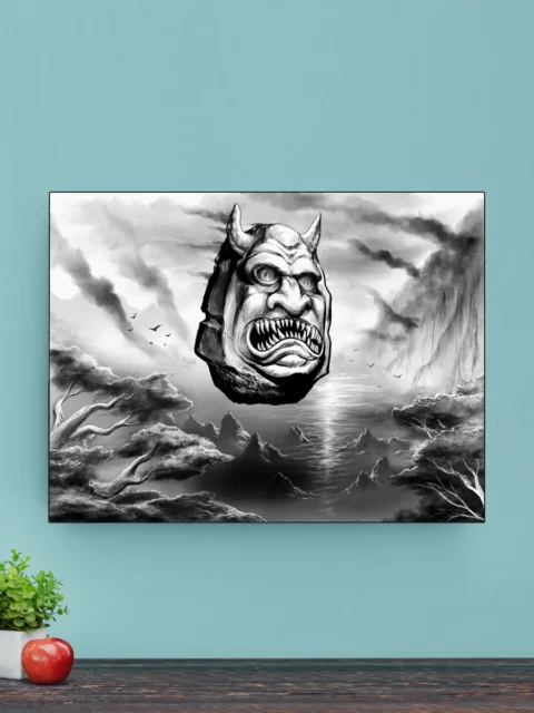 Dark fantasy guardian above distant mountains