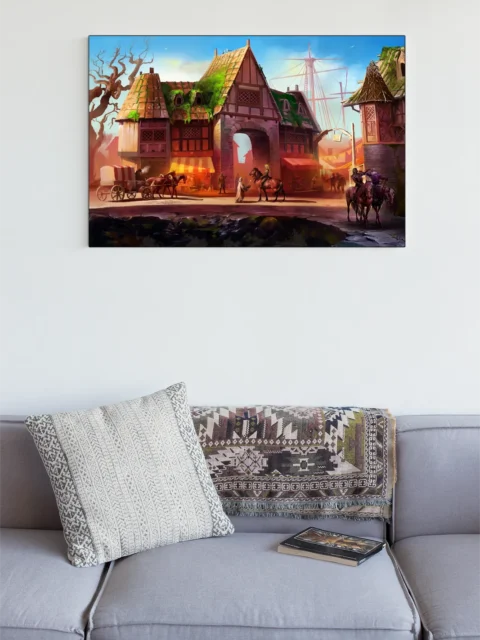 Trading Post market wall artwork showing lively town square