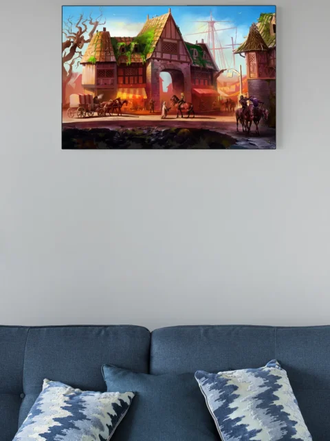 Trading Post market wall artwork featuring merchants and riders