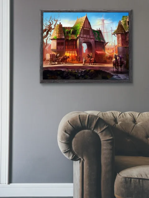 Sunlit buildings with timber roofs and stone walls