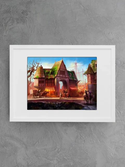 Horse-drawn cart near a village entrance