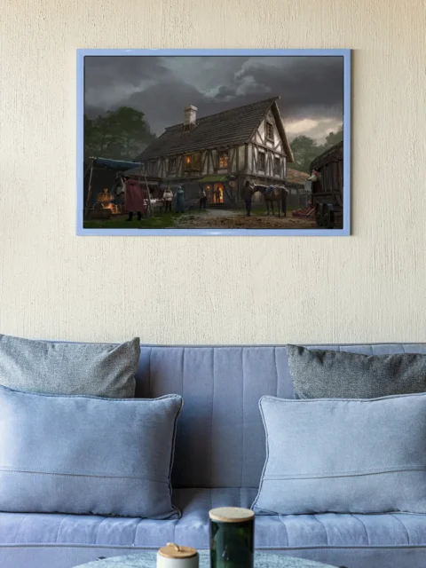 Trading Posts roadside market wall artwork under stormy sky