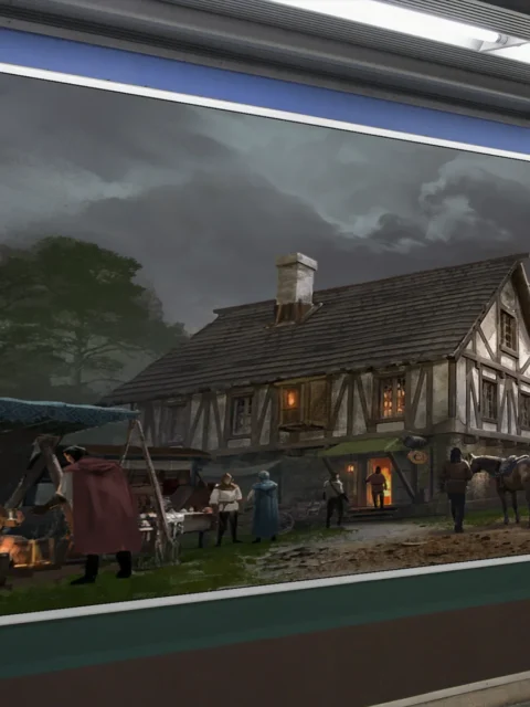 Trading Posts roadside market wall artwork showing travelers and carts