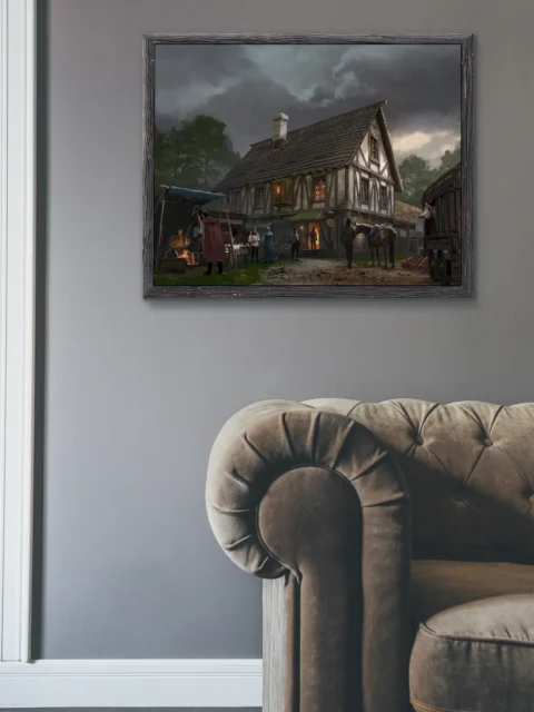 Lantern-lit doorway in a medieval inn