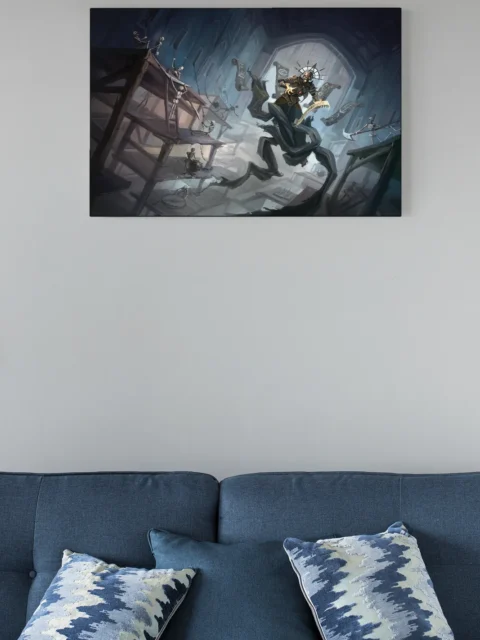 Skeletal figures moving across wooden platforms