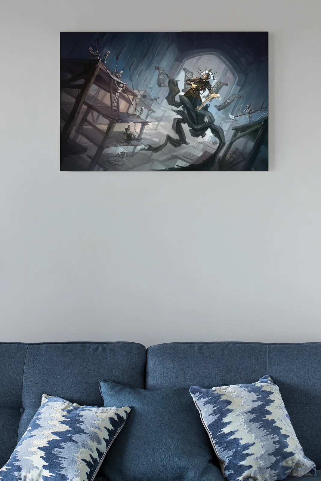 Skeletal figures moving across wooden platforms