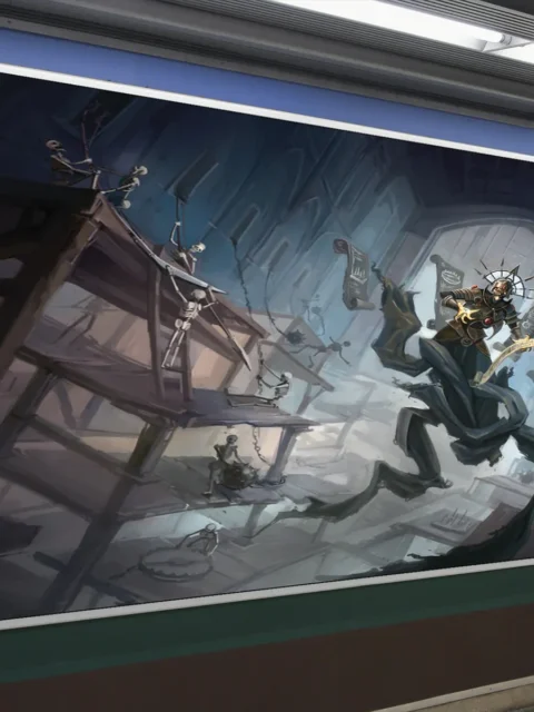 Spinning blades and chains in a dark hall