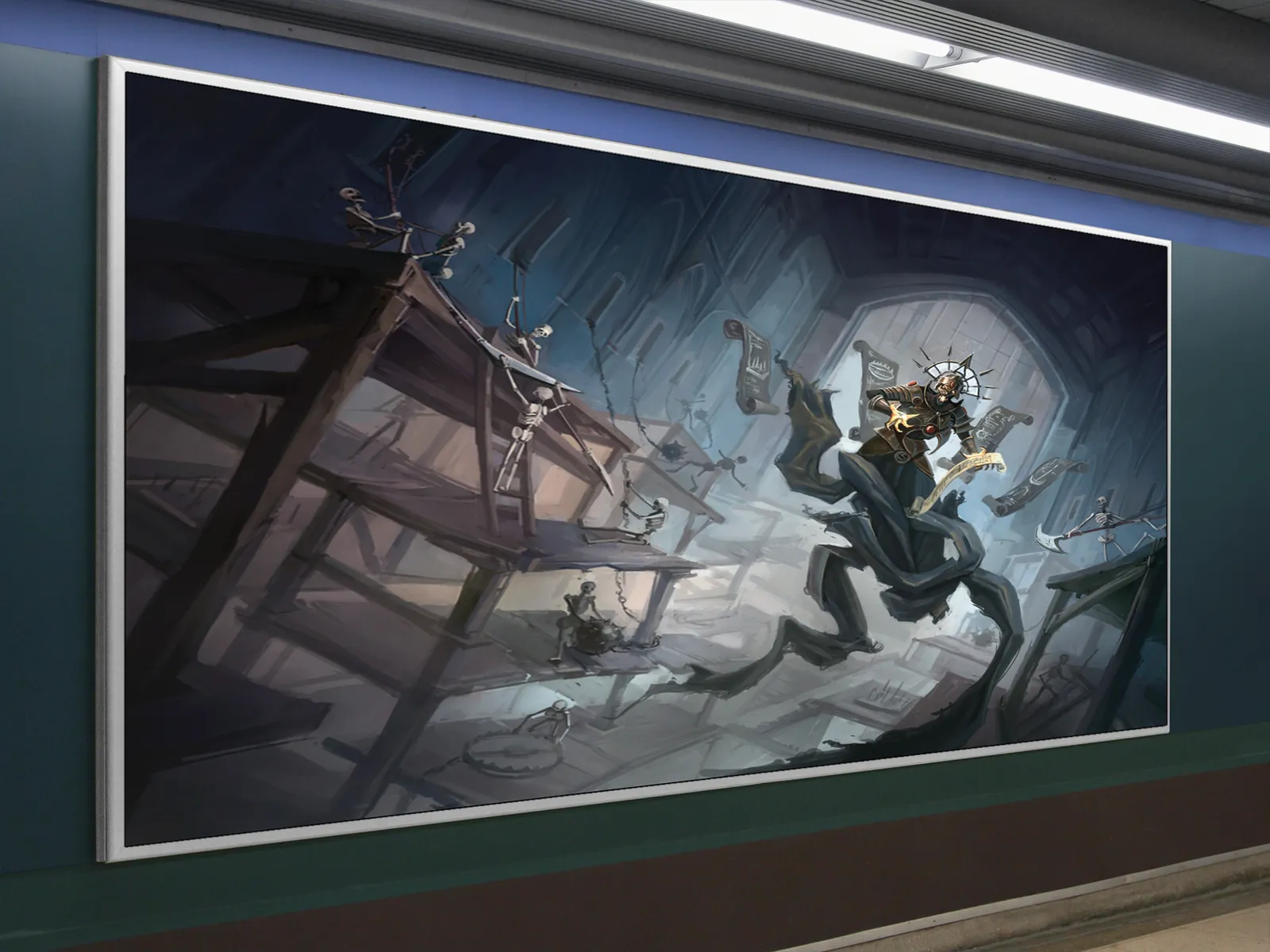 Spinning blades and chains in a dark hall