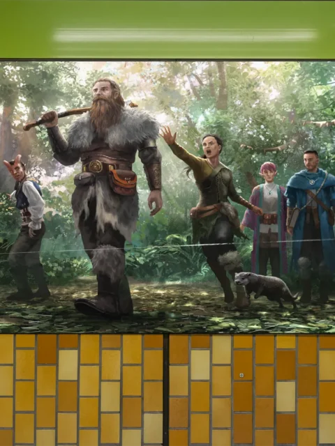 Group walking along a leaf-strewn forest path