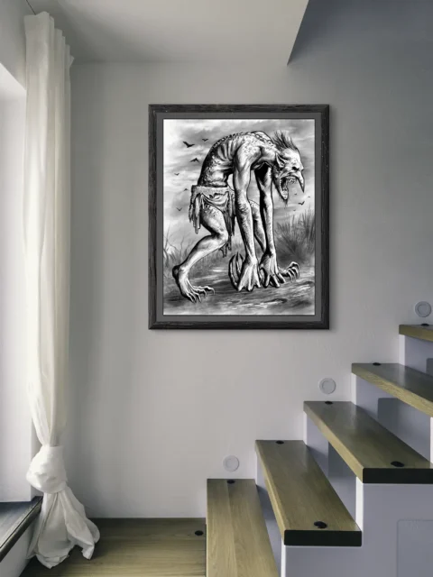 Monochrome drawing of feral troll