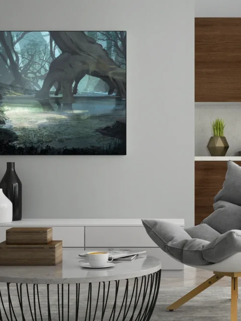 Flooded woodland with twisted tree roots