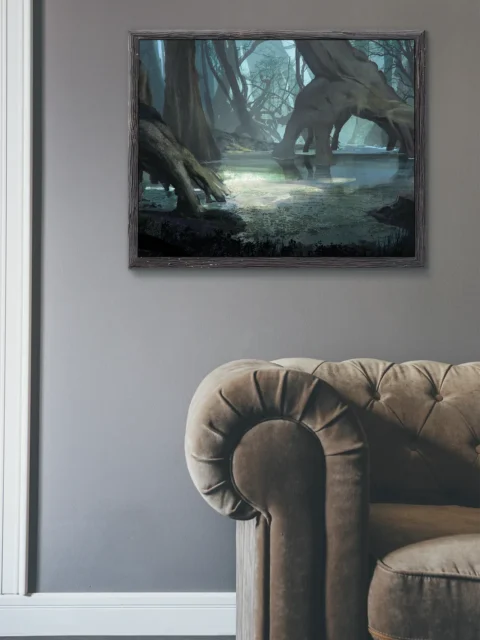 Fog drifting across shallow marsh water