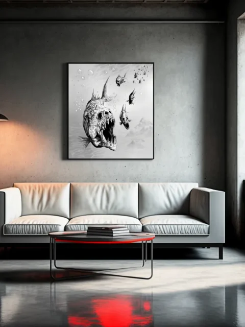 Undead Pirahna fantasy canvas art detail