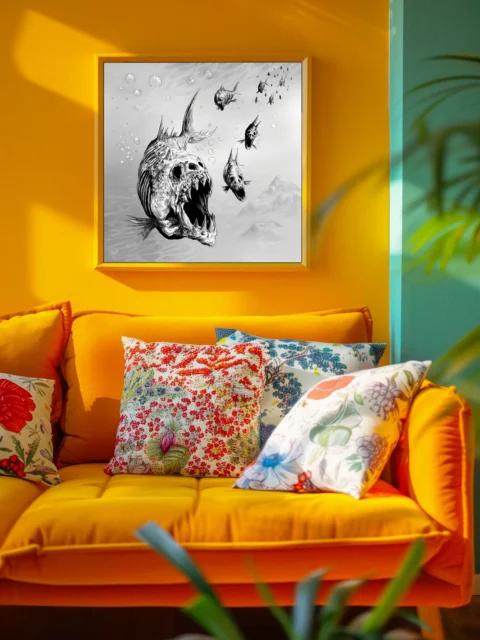 Monochrome illustration of skeletal fish