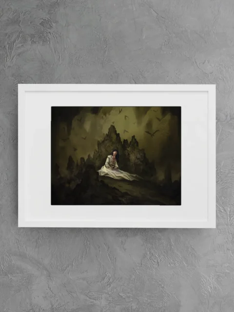 Pale figure in white dress on dark stone