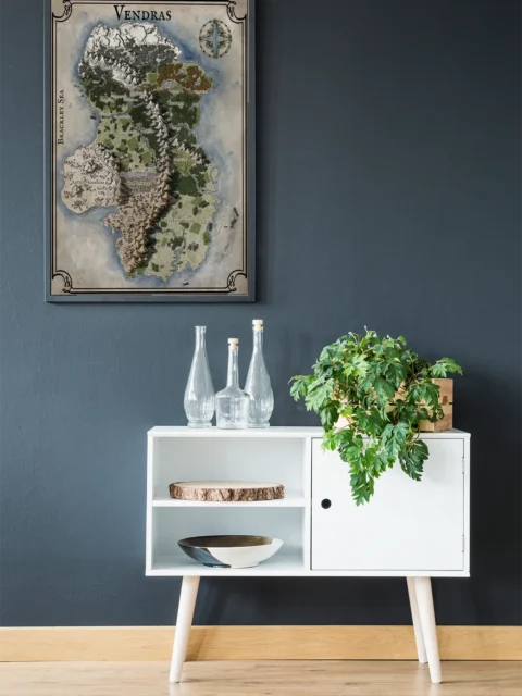 Hand-drawn fantasy continent with rivers and ranges