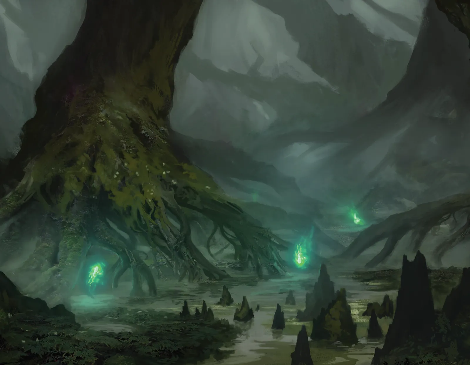 Will O Wisps haunted wetland wall artwork with glowing lights