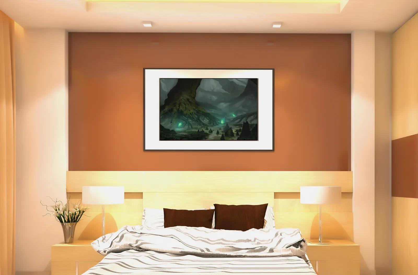 Will O Wisps haunted wetland wall artwork in misty swamp