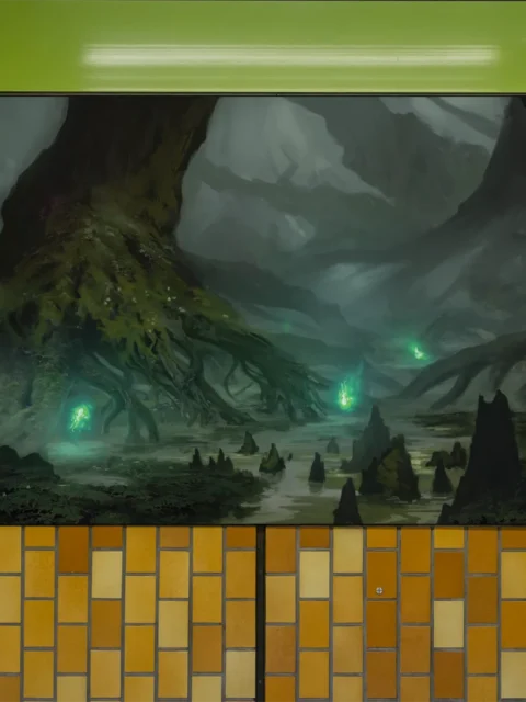 Green spectral flames hovering above pools