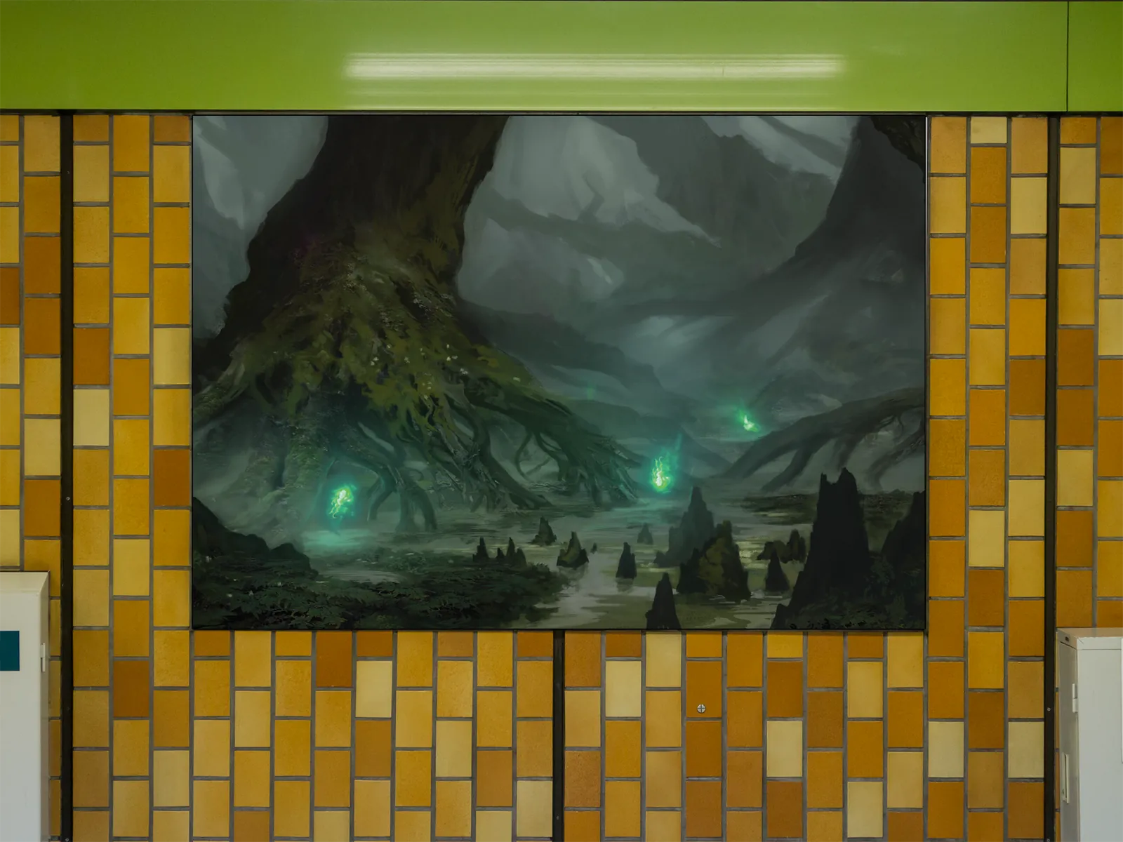 Green spectral flames hovering above pools