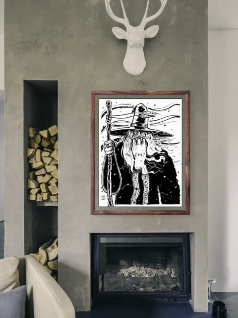 Monochrome drawing of robed spellcaster