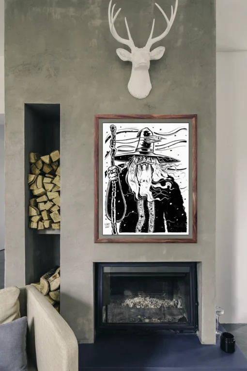 Monochrome drawing of robed spellcaster