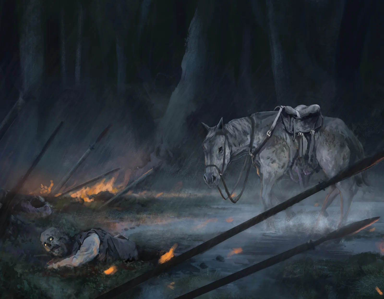 Zombies undead battlefield wall artwork with fallen figure