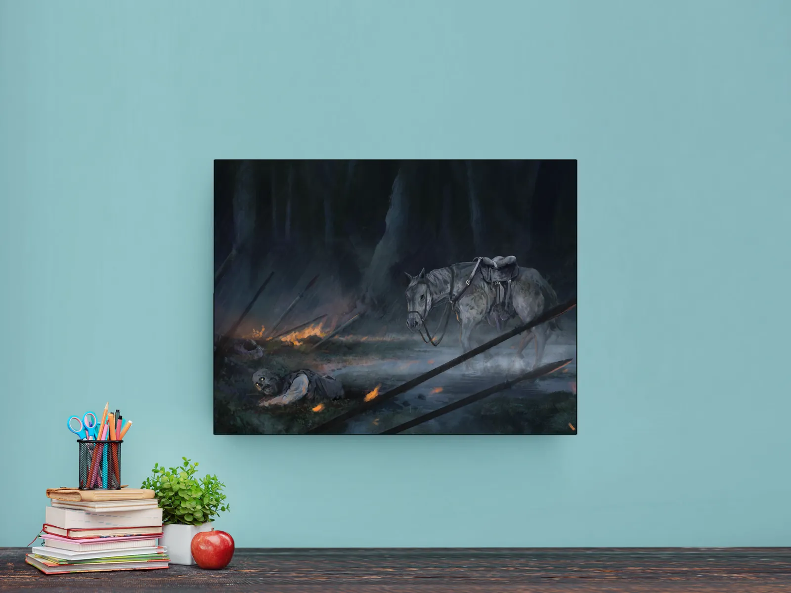 Zombies undead battlefield wall artwork beside riderless horse