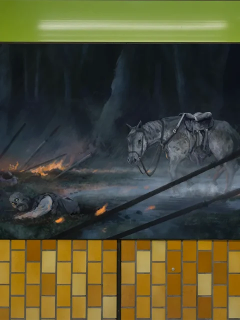 Zombies undead battlefield wall artwork amid smoke and fire