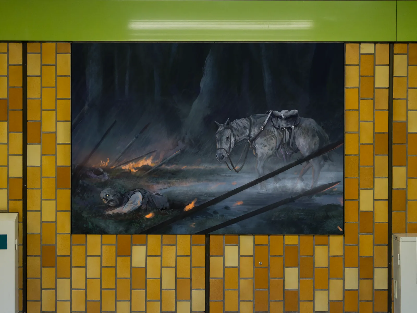 Zombies undead battlefield wall artwork amid smoke and fire