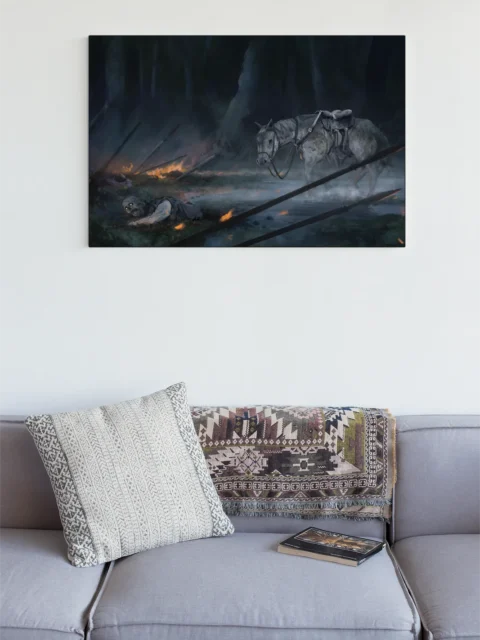 Lone horse standing in misty ruin