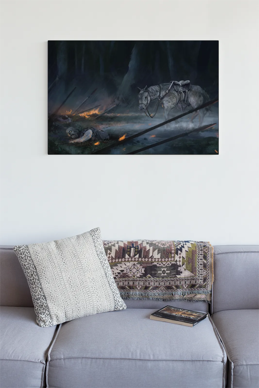 Lone horse standing in misty ruin