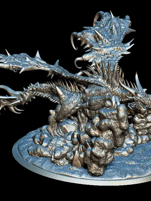 02 Tyrathis The Orange Dragon Full-Body – Monstrous Menagerie Front View showing dual dragon heads, extended wings, and clawed stance on rocky base