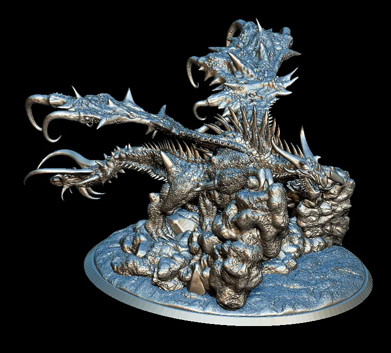 02 Tyrathis The Orange Dragon Full-Body – Monstrous Menagerie Front View showing dual dragon heads, extended wings, and clawed stance on rocky base