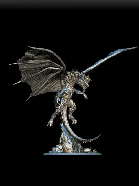 15 Galzara The Gentle Silver Dragon Full-Body – Monstrous Menagerie Turntable View revealing full wingspan, layered scales, and rocky base