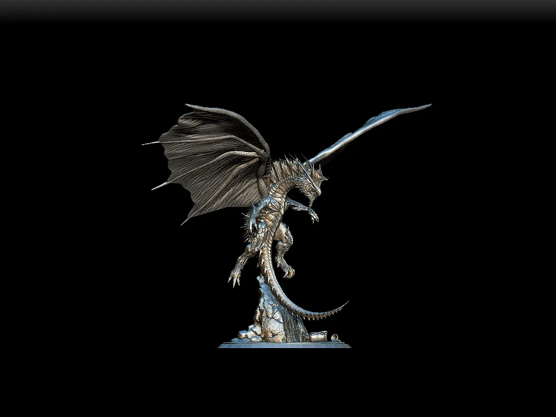 15 Galzara The Gentle Silver Dragon Full-Body – Monstrous Menagerie Turntable View revealing full wingspan, layered scales, and rocky base