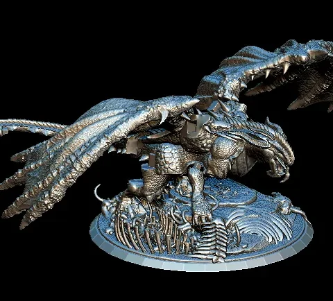 28 Wildmelt The Black Dragon Full Dragon – Monstrous Menagerie Front View showing low prowling stance, extended wings, and skeletal base