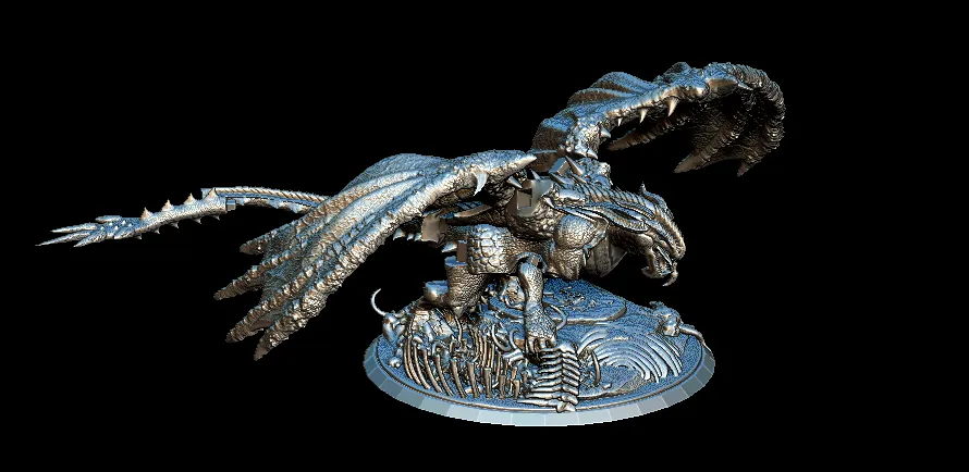 28 Wildmelt The Black Dragon Full Dragon – Monstrous Menagerie Front View showing low prowling stance, extended wings, and skeletal base