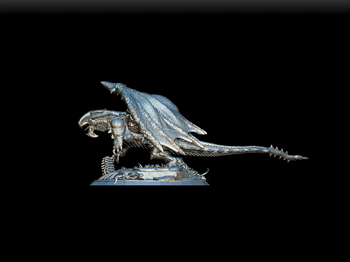 Left Profile emphasizing tail extension and claw placement on skeletal remains