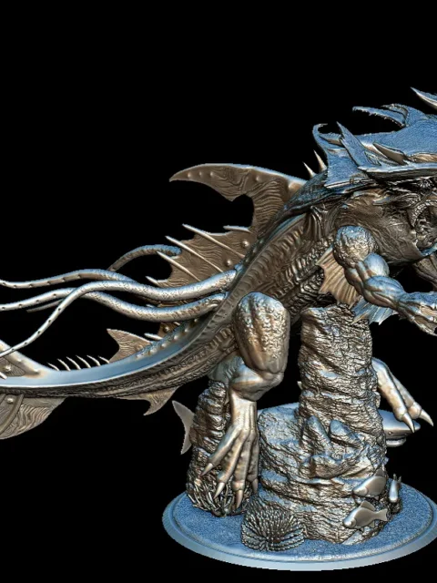 31 Leviathan Full-Body – Monstrous Menagerie Front View showing coiled body, raised fins, and climbing rock base