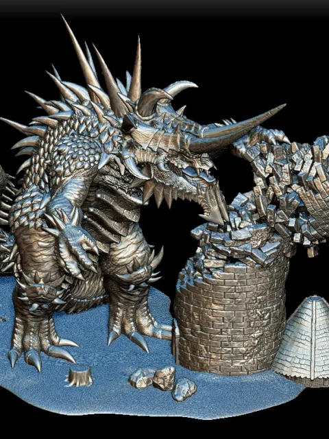 39 Tarrasque Full-Body – Monstrous Menagerie Front View showing massive horned head, armored body, and shattered tower base