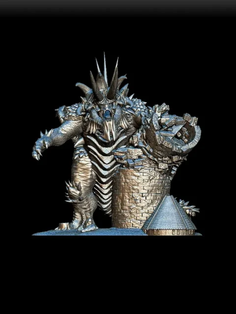 Detail View focusing on horn structure, scale density, and rubble fragments