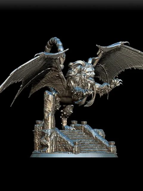 40 Manticore Full-Body – Monstrous Menagerie Turntable View revealing full wingspan, horned head, and stone step base