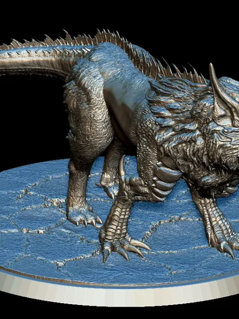 41 Alphyn Full-Body – Monstrous Menagerie Front View showing low stalking stance, forward horns, and cracked-earth base