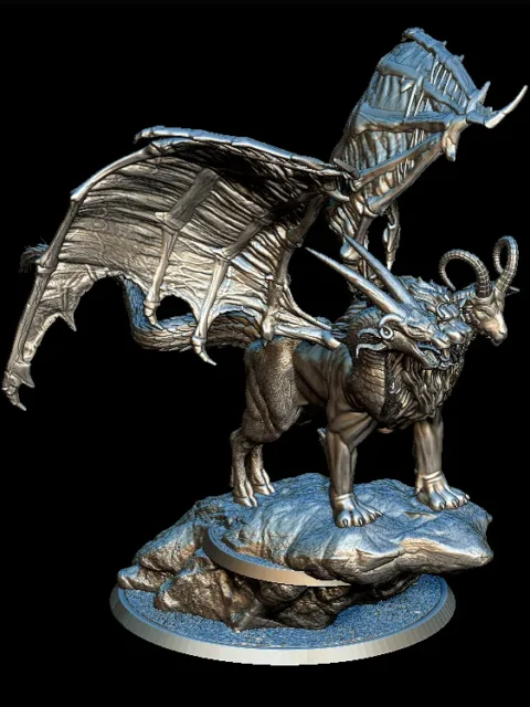 42 Chimera Full-Body – Monstrous Menagerie Front View showing three snarling heads, spread wings, and elevated stone base