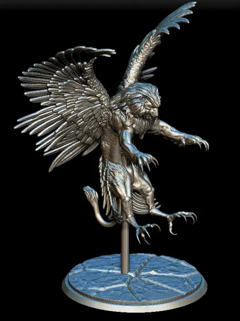 43 Shedu Full-Body – Monstrous Menagerie Front View showing extended wings, reaching claws, and elevated support base