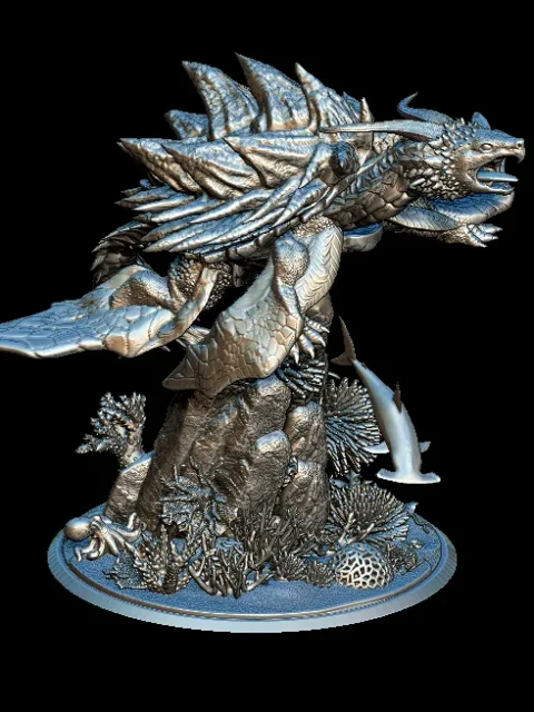 44 Dragon Turtle Full-Body – Monstrous Menagerie Front View showing open jaws, armored shell ridges, and coral base